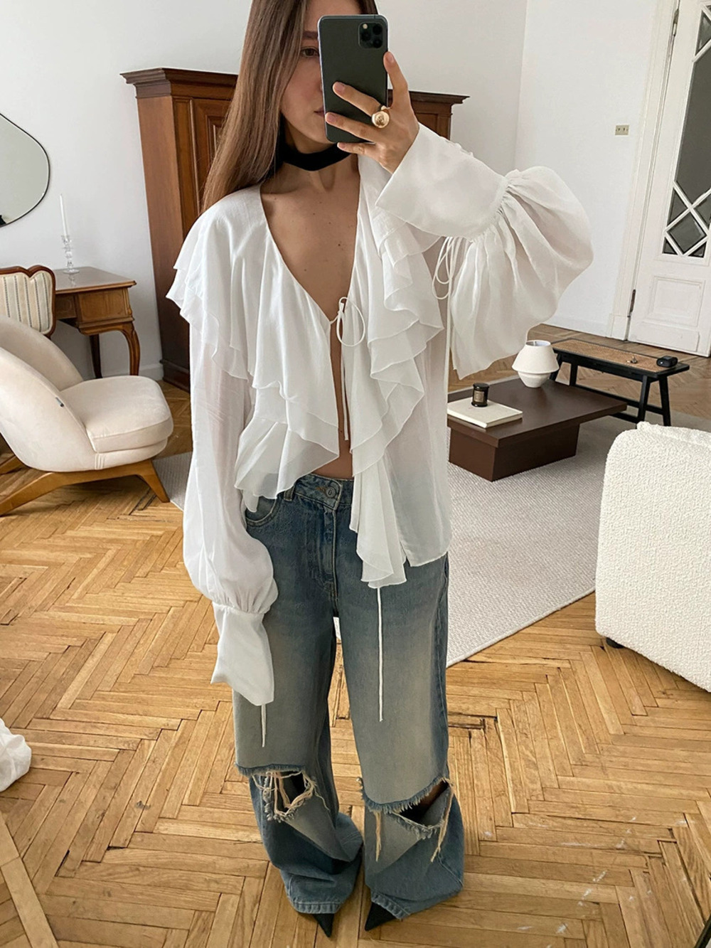 Forever 21 Fall Ruffled Puff Sleeve Tie Neck Chiffon Cardigan
